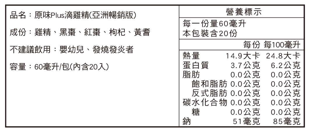 田原香原味Plus滴雞精營養標示